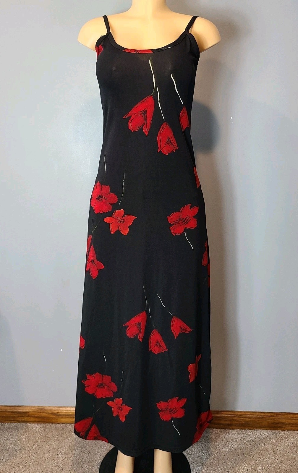Vtg Maxi Dress 90s Y2K Floral Red Black Women Sz Medium Fairy Grunge Whimsigoth