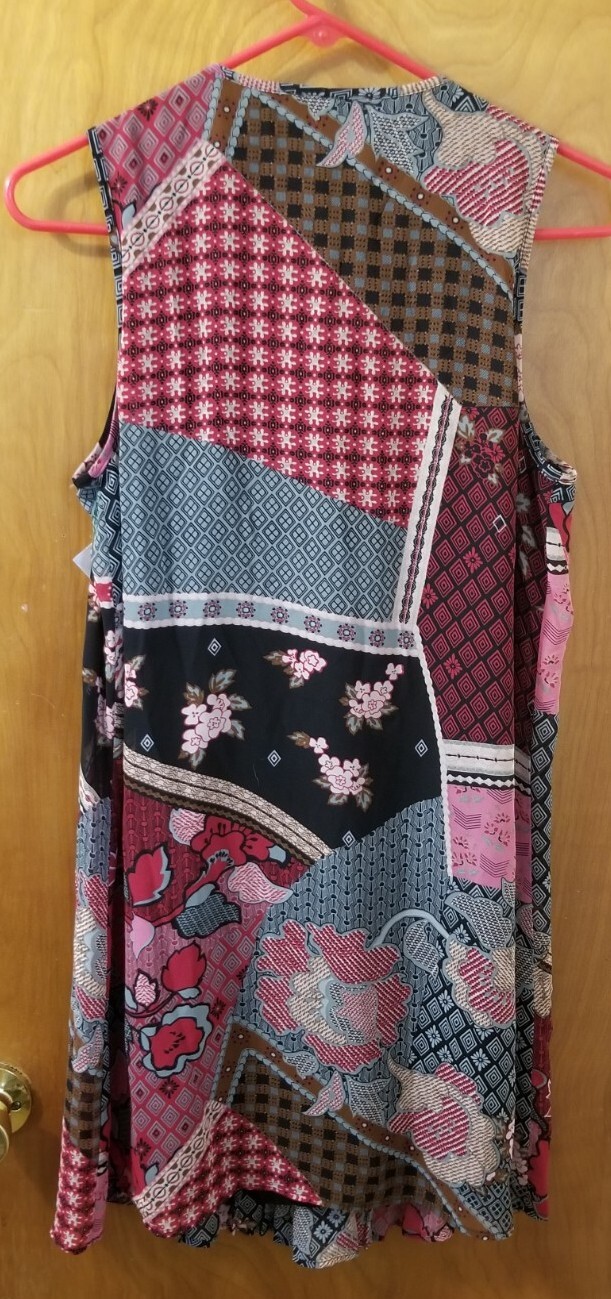 Women’s DR2 by Daniel Rainn Patchwork Print Pleated Boho Dress Shift size Small