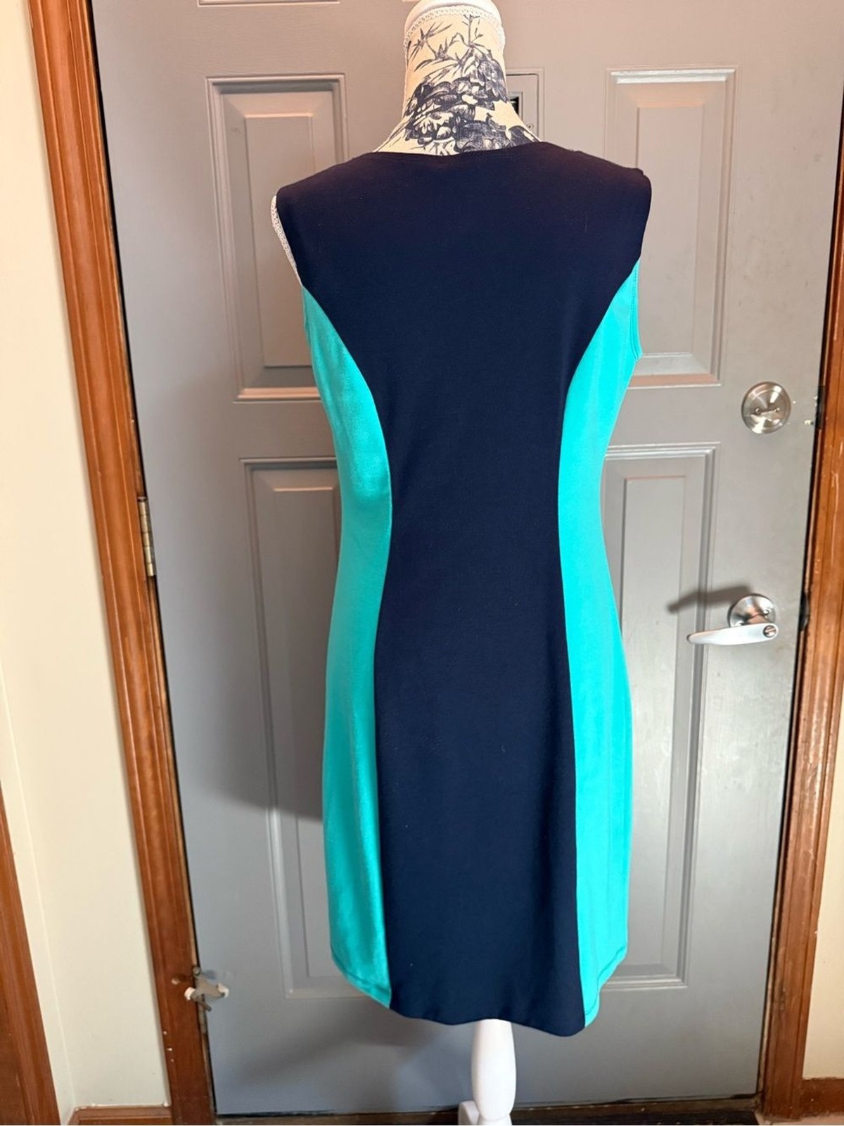 Enfocus Studio-Navy and Teal Jewel-Accent Sheath Midi Dress-slimming!