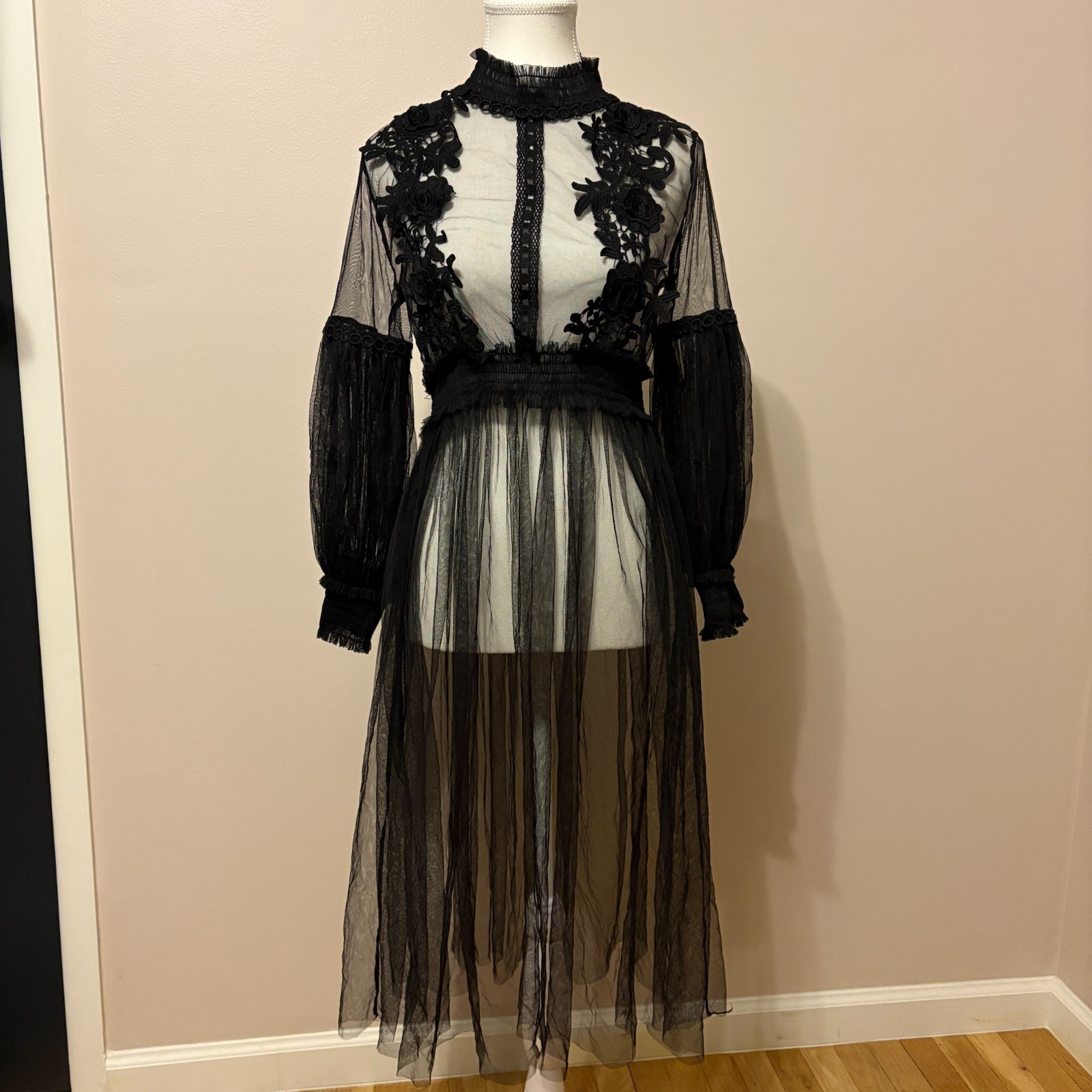 Fairygoth Dress Black Sheer Lace One Size Dark Romantic S M L Whimsigoth Overlay