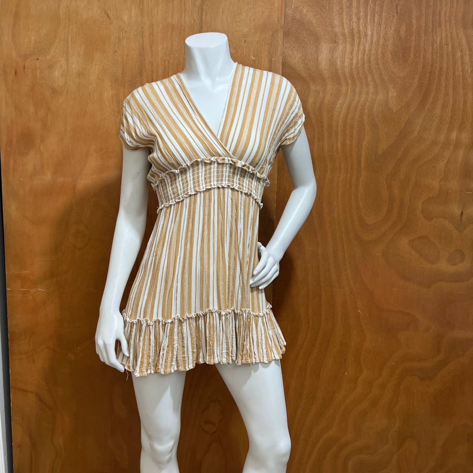 Blue Island Mustard Striped Smocked Mini Dress Tunic Cover Up Ruffle Boho XS