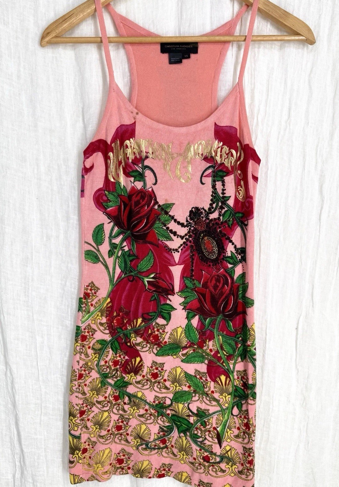 Christian Audigier Y2K Tattoo Rhinestone Bodycon Mini Dress XS Pink Rose Graphic