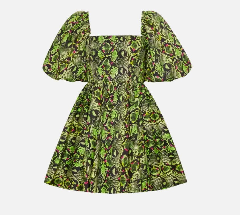 AJE Serpentine Corset Mini Dress Size 12 Green Snake Python Print Puff Sleeve