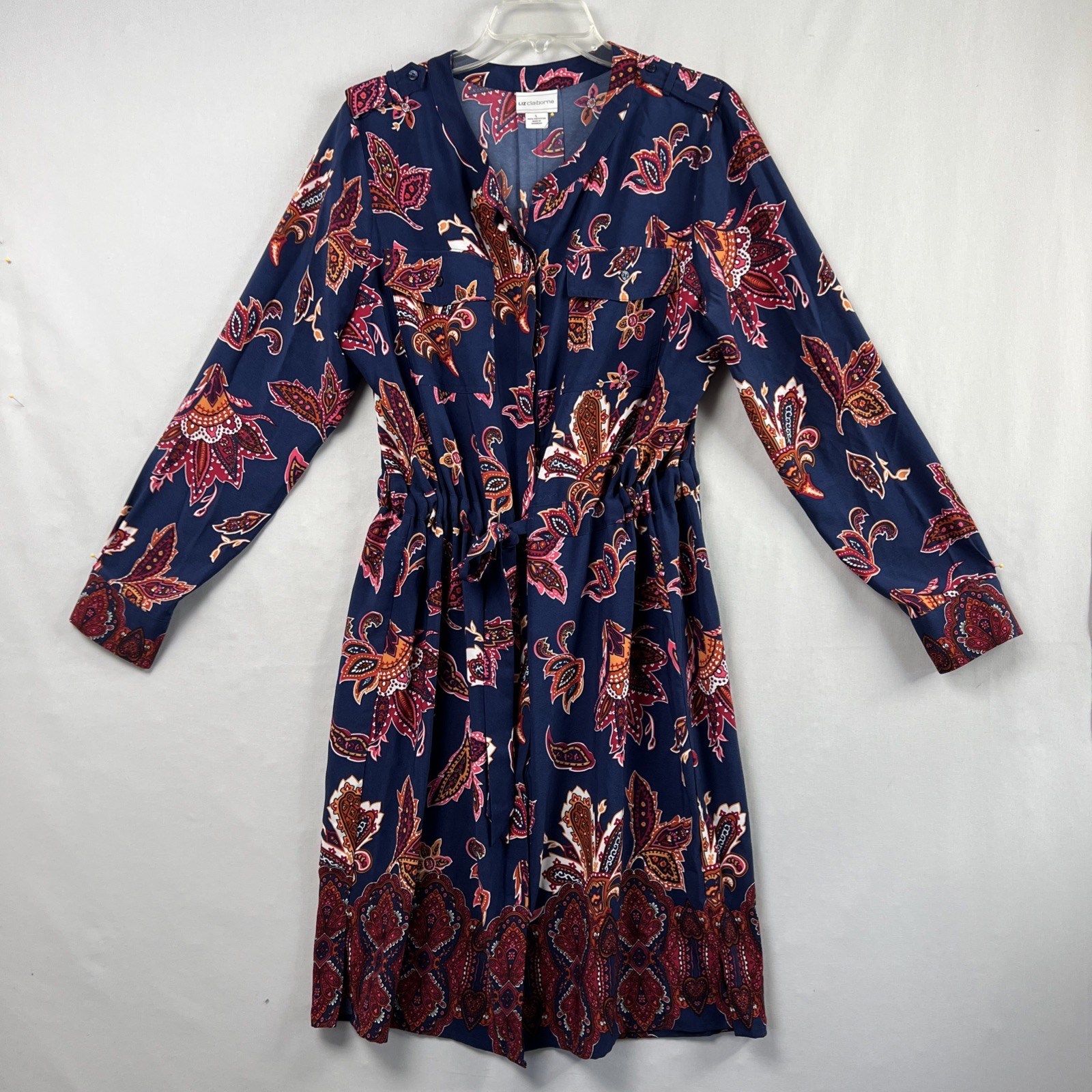 Liz Claiborne Dress Large Button Up Paisley Drawstring Waist Business Casual