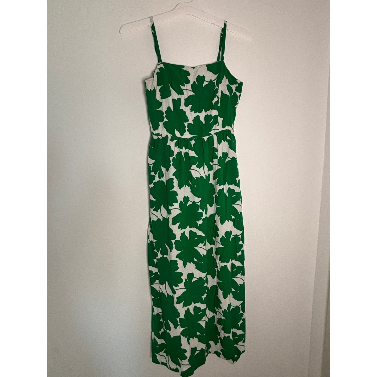 ASUWI Green White Floral Leaf Print Smocked Midi Dress Womens Large Strappy
