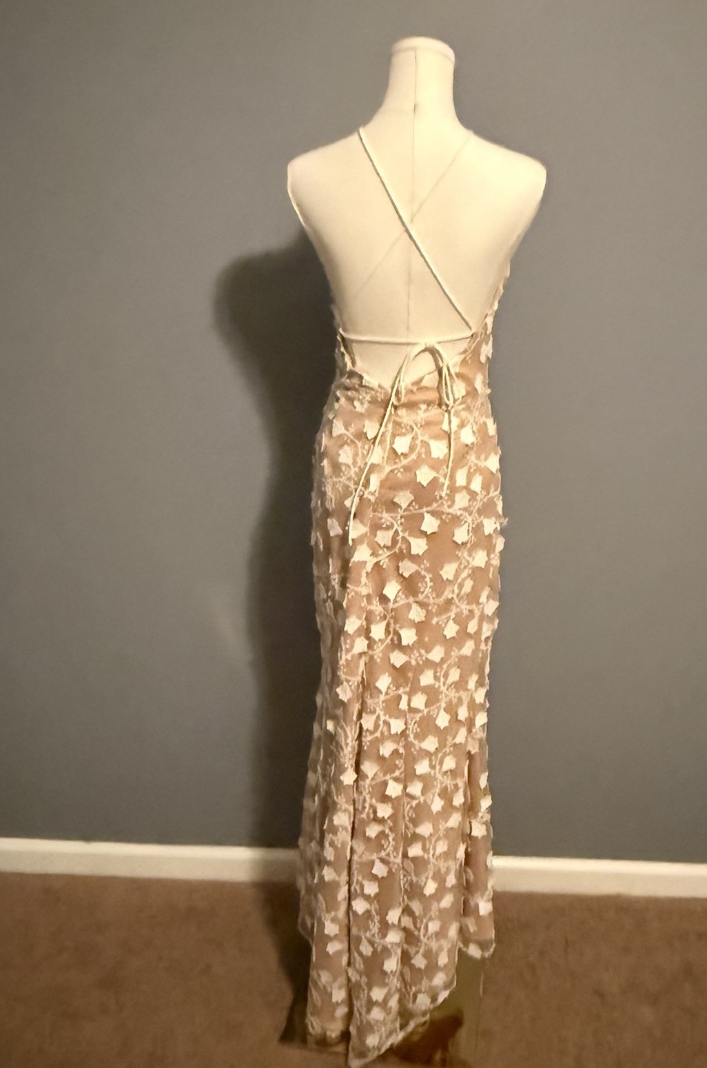 Jarlo Embroidered Mesh Maxi Dress 12 Petite Floral Aplique Nude Illusion Formal