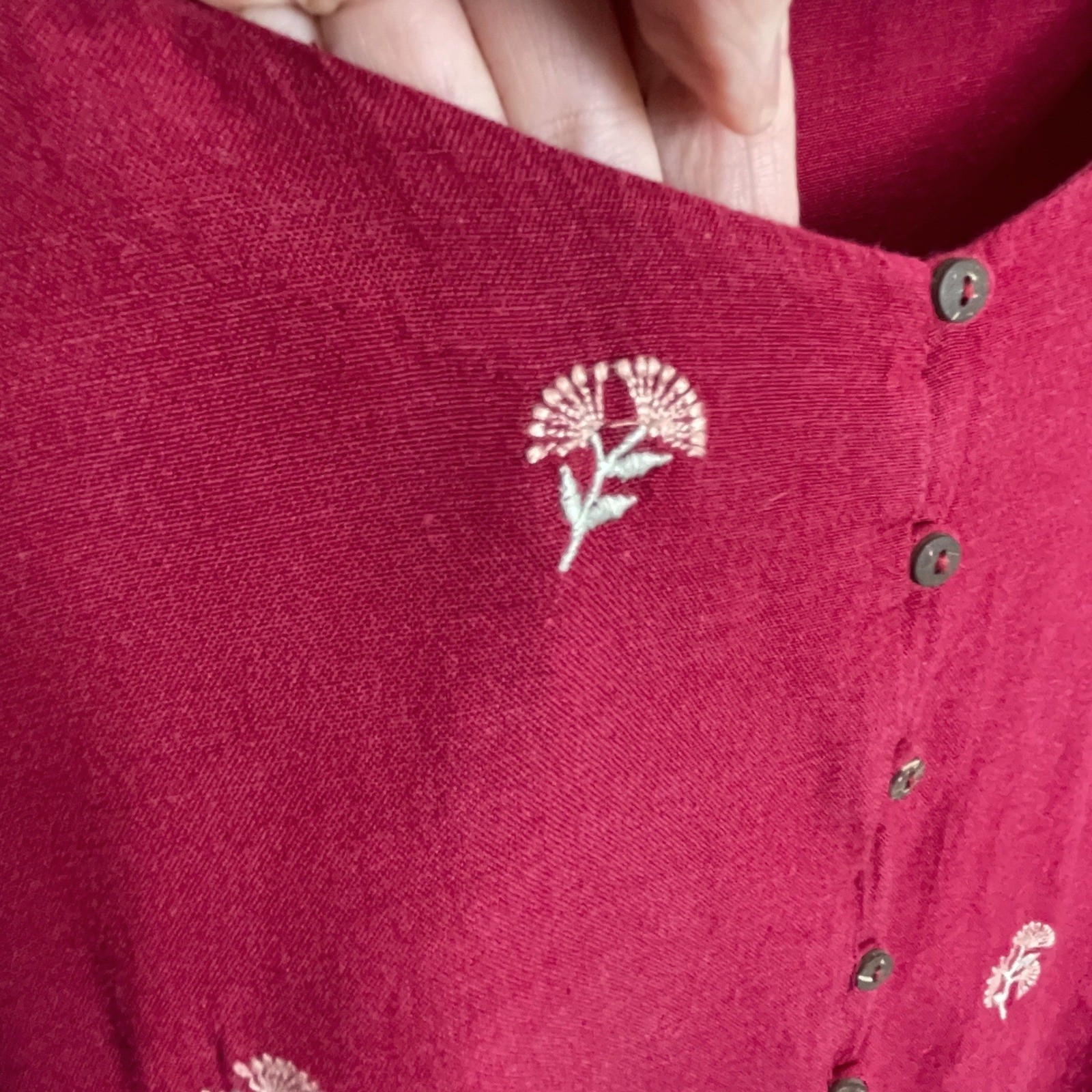 Boho Fuchsia Flower Embroidered Button Up Midi Dress Size M Festival Cottagecore