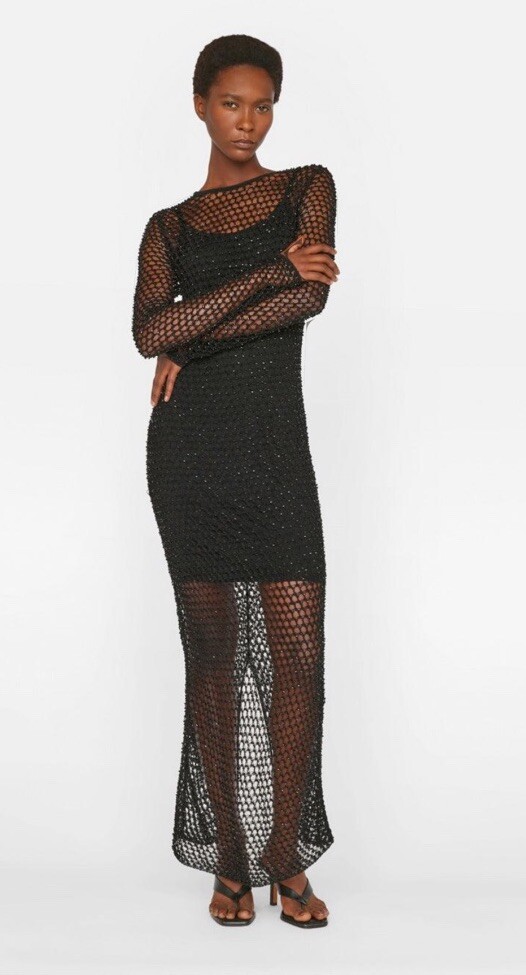 NWT $550 FRAME Black Beaded Knit Crochet Midi Slip Dress Size XS