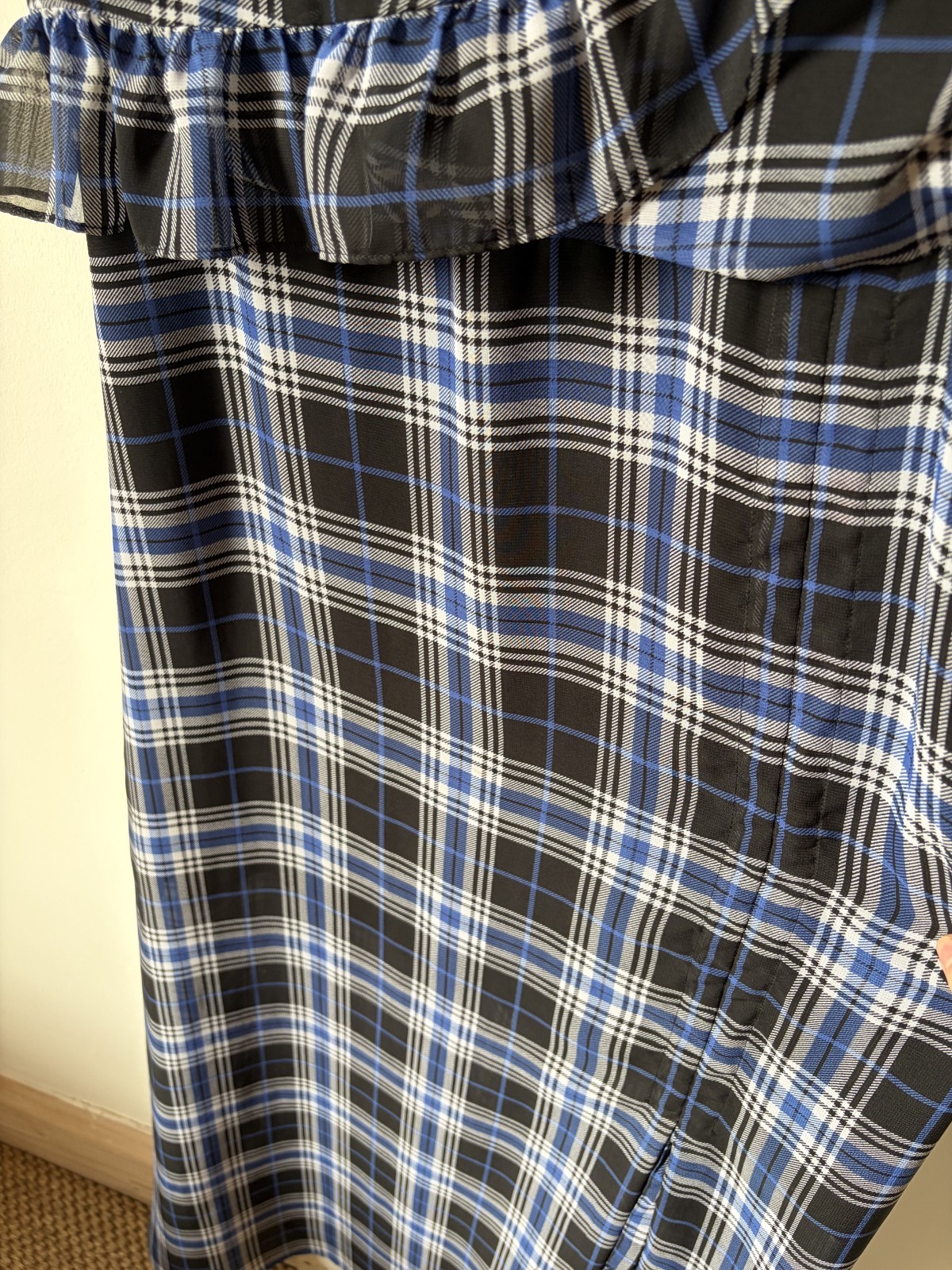 Maje Side-Ruched Plaid Tartan Blue and Navy Long Dress Ruffle UK size 10