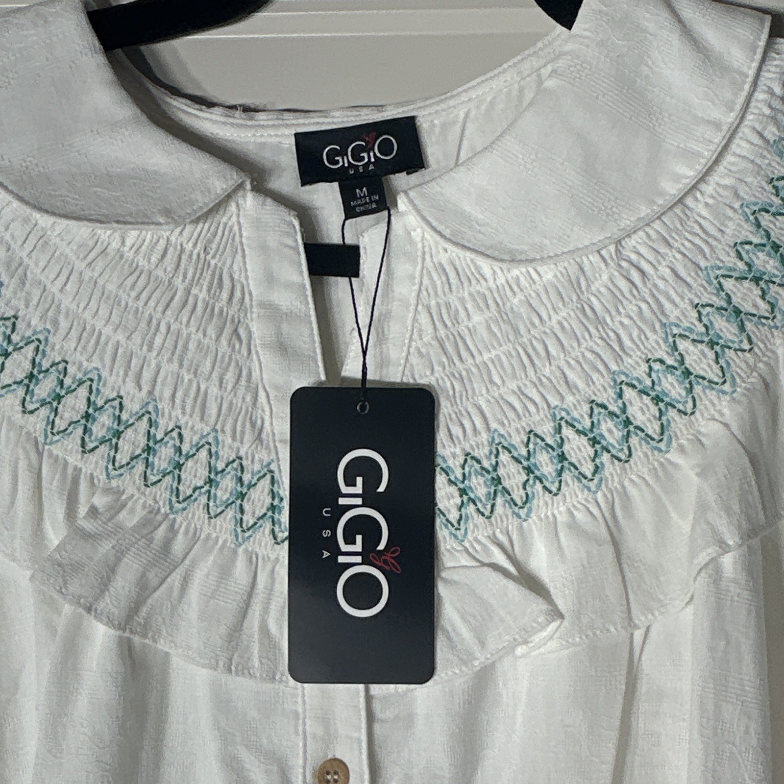 GiGiO Women’s White Collared Smocked Embroidered A-Line Dress Button Front M