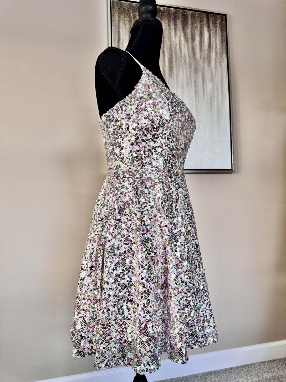 CITY STUDIO Womens Beige Sequined Lined Adjustable Straps Short Dress Junior 5