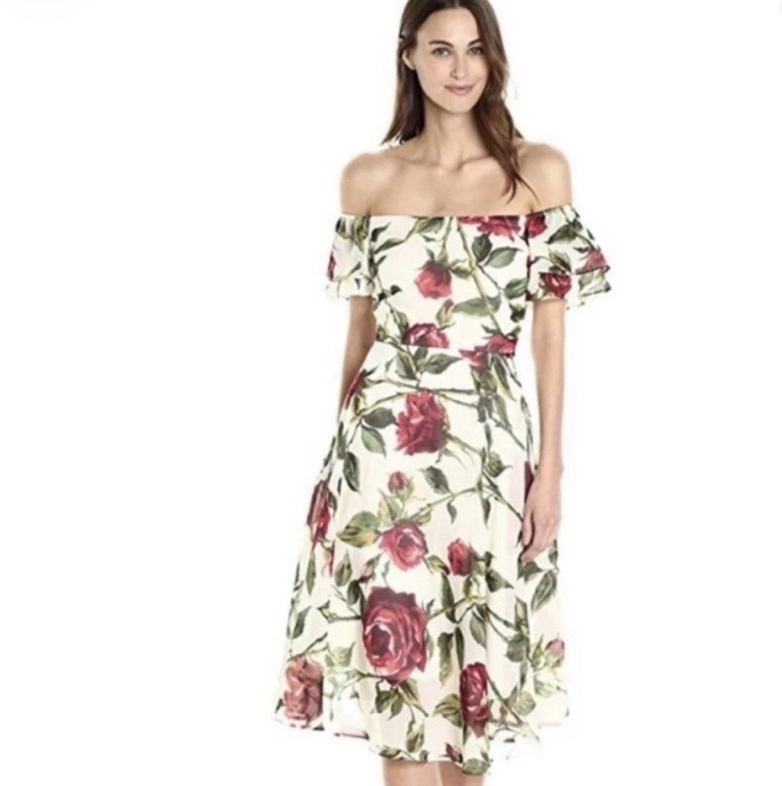 Betsey Johnson Floral Midi Tea Party Dress Womens 6 Ivory Red Rose Wedding Chic