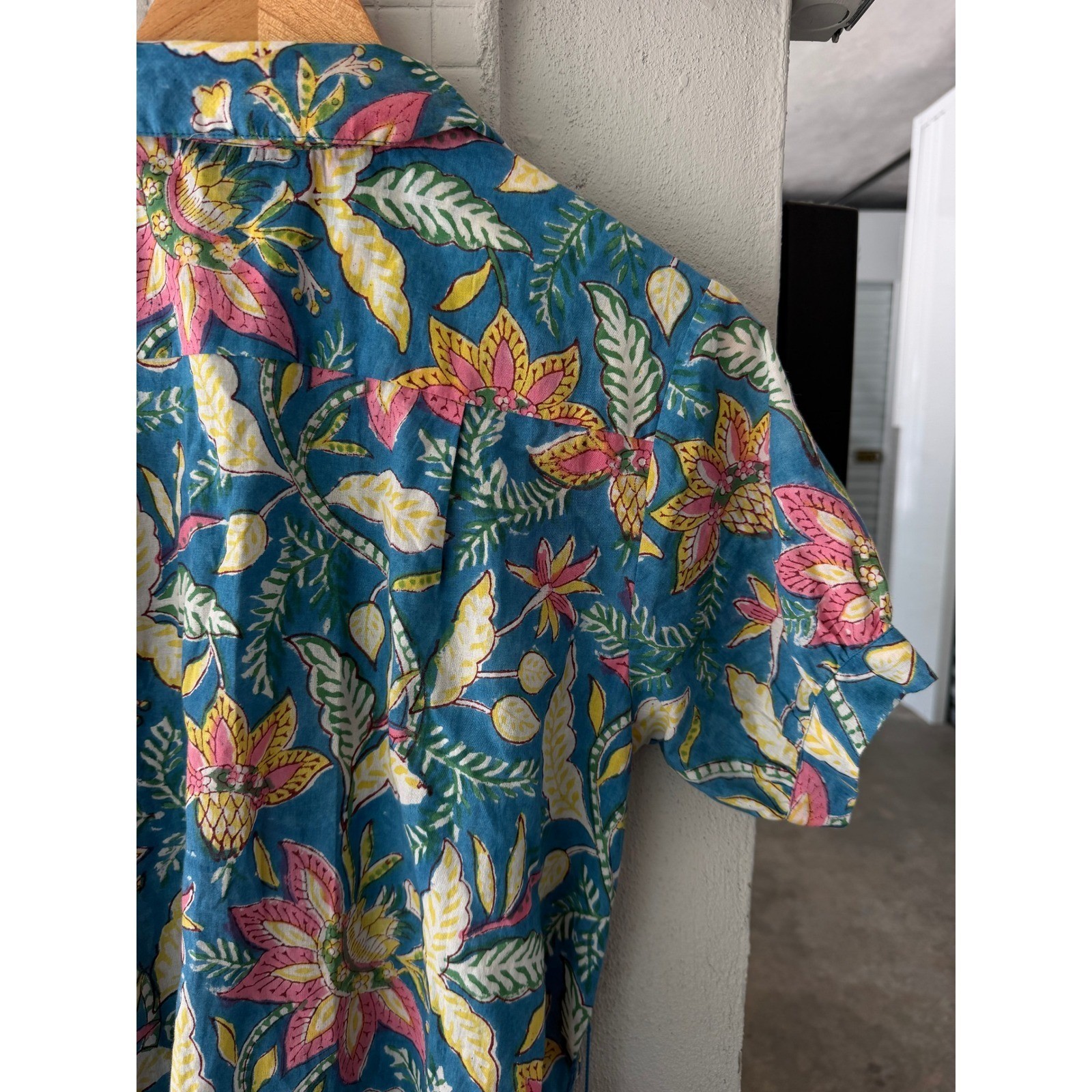 Fitzroy & Willa Blue Tropical Floral Cotton Shirt Dress XS Belted Short Sleeve
