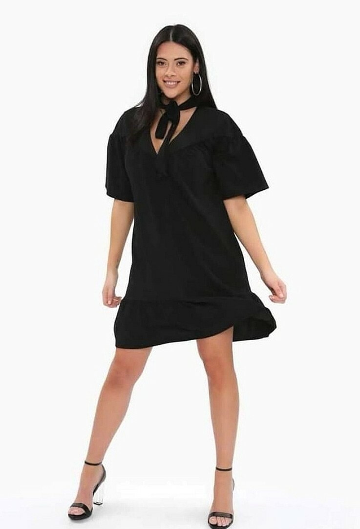 Pink clove plus shift UK 22-24 womens ruffle hem tie neck black
