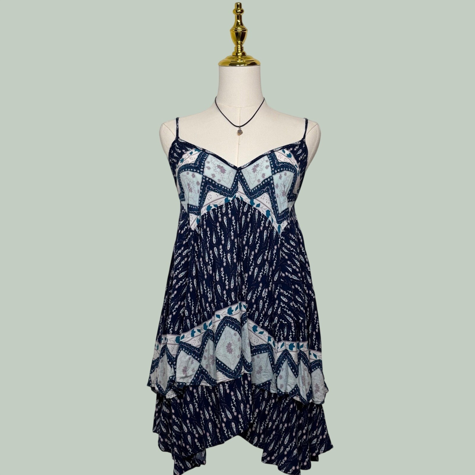 easel boho blue white flowy babydoll mini dress beach indie y2k indie granola