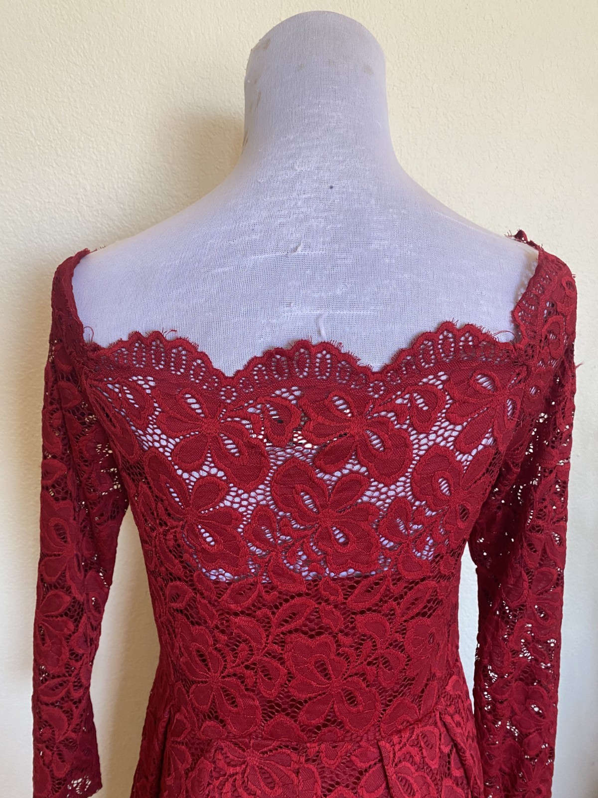 Miss Me Red Lace Long Sleeve Lined Stretch Below Knee Pleated Dress M