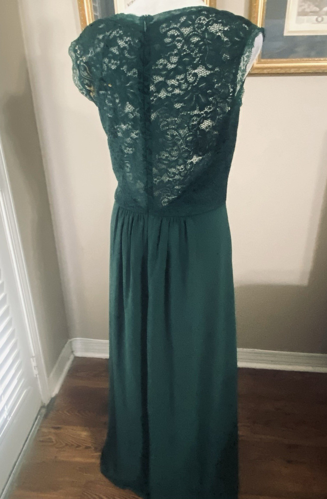 NWT Miusol Dark Green Sz L Evening Gown Lace Bodice Crepe Skirt Sleeveless Lined
