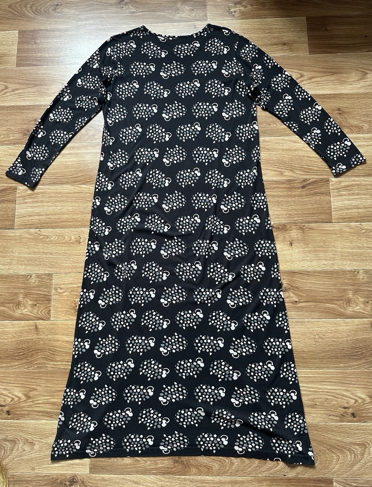 Aarikka Finland Black Sheep Print Long Sleeve Maxi Dress Cotton Modal M Excellen