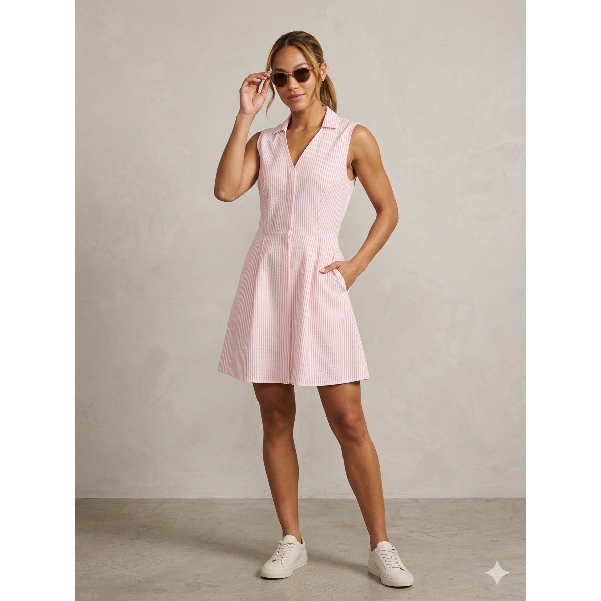 Lacoste Womens Pink White Striped Sleeveless Button Down Shirt Dress Sz 8 (40)