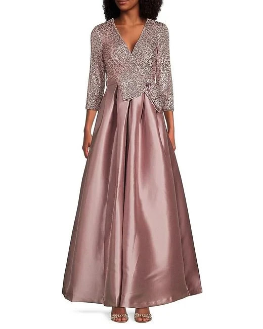 Eliza J Sequin Bow Satin 3/4 Sleeve Gown Dress Sz 4 $268 mauve * *612