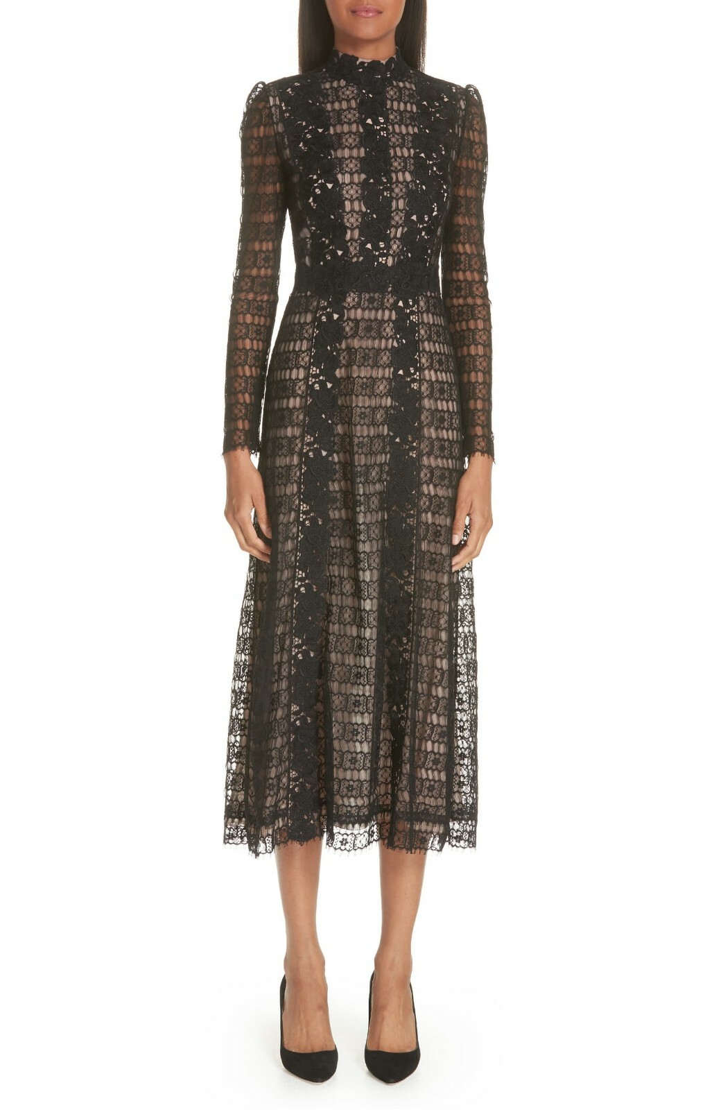 GIAMBATTISTA VALLI Black Nude Floral Lace Sheer Sleeve Cocktail Dress 10 = 46IT