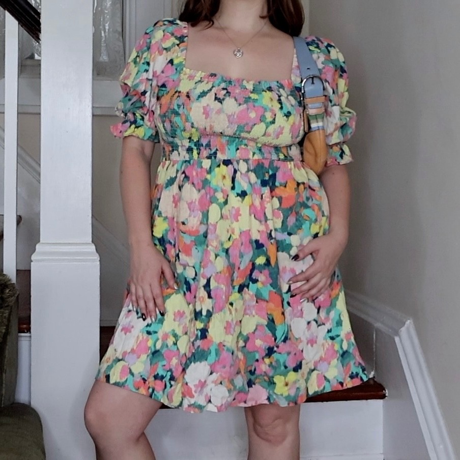 GAP Linen Floral Smocked Puff Sleeve Dress Square Neck Cottagecore SZ Medium