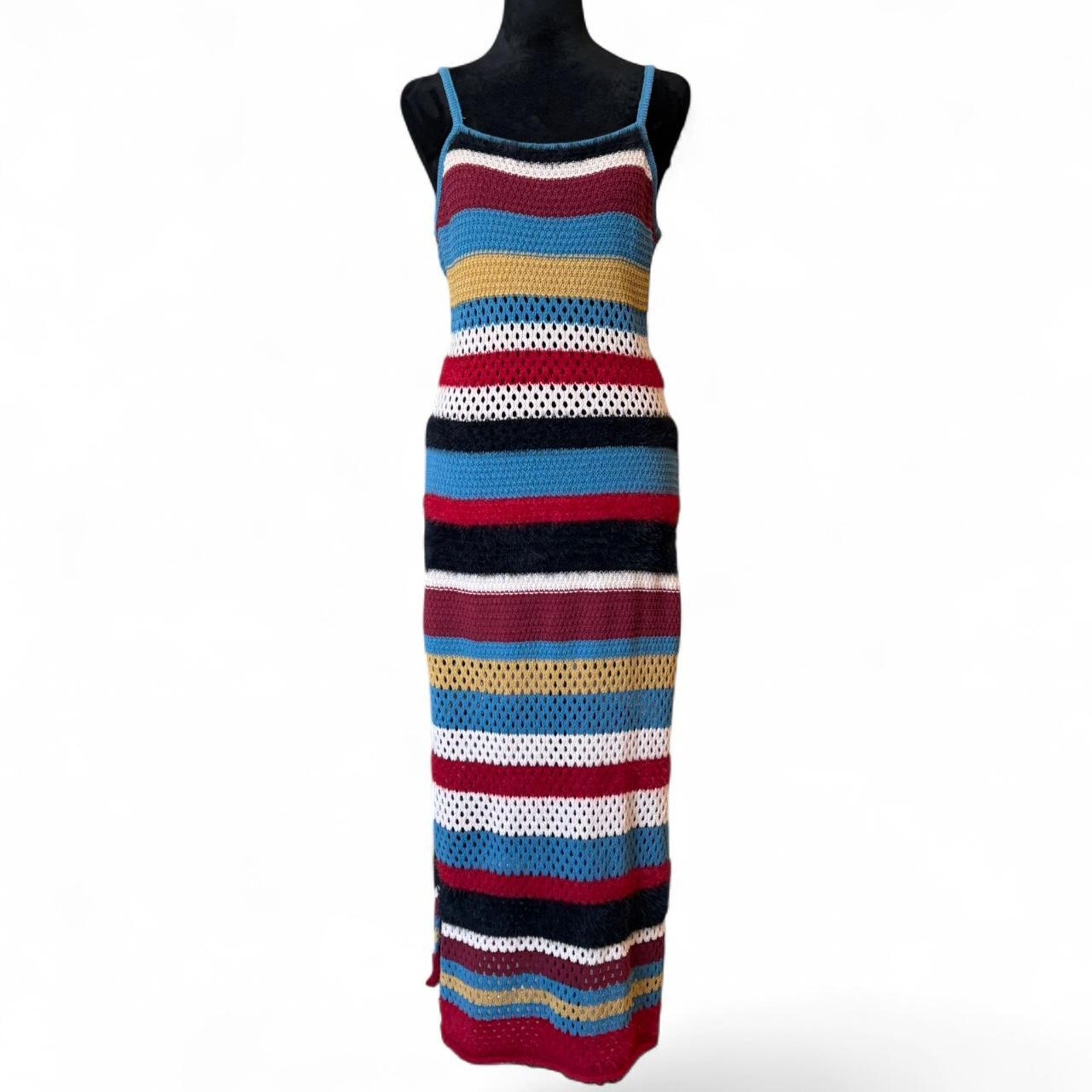 Striped Crochet Maxi Dress – Boho Fuzzy Knit M