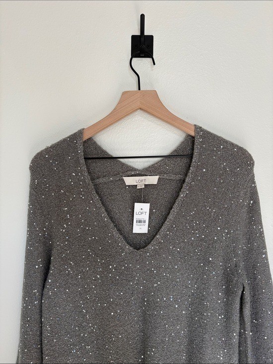 NWT Ann Taylor LOFT Chunky Knit Sequin Shift Sweater Dress Holiday Grey Medium