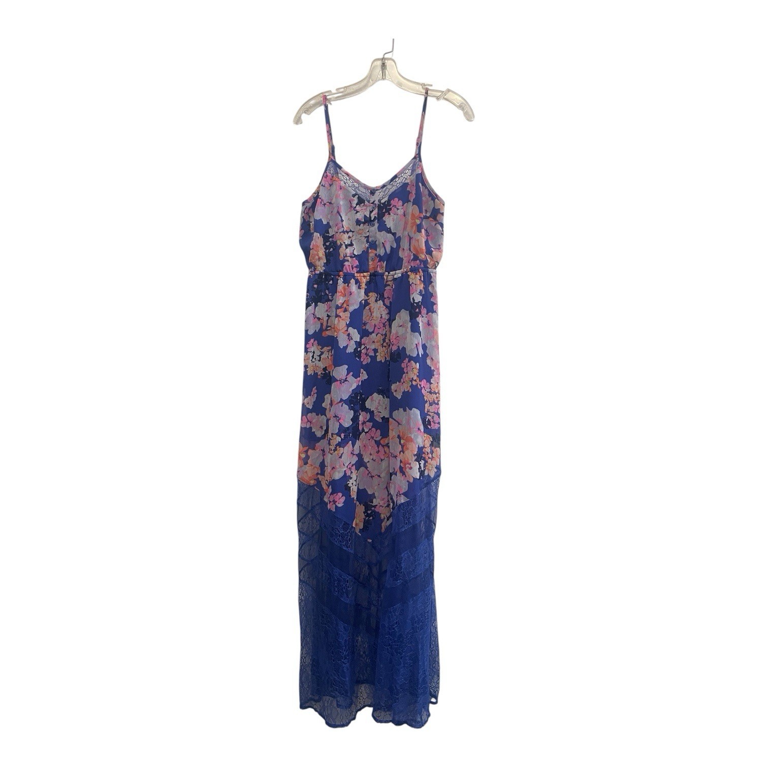 Candies Women’s Mesh Lace Detail Lined Floral Maxi Dress – Large, Blue