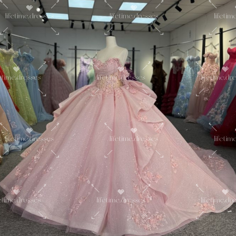 Baby Pink Quinceanera Dresses XV Party Sweet 15 16 Glitter Floral Ball Gowns