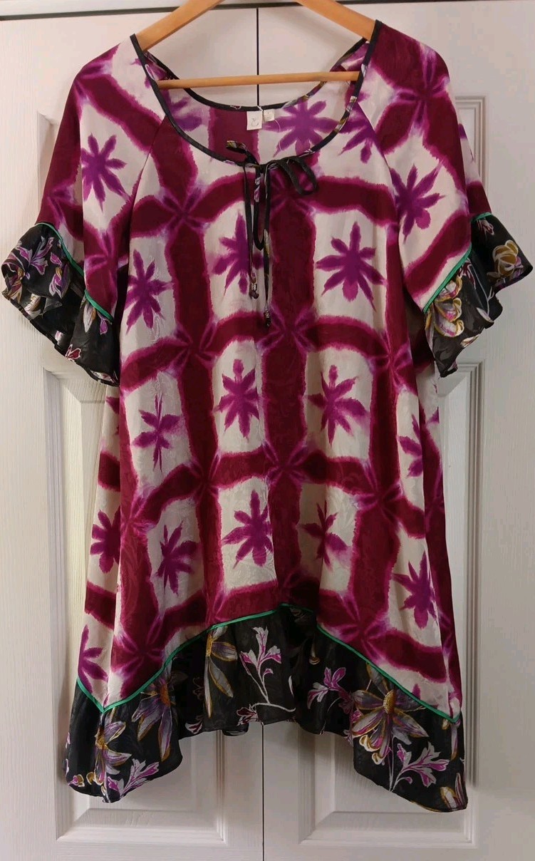 Anthropology Dress Womens Sz S Fushia White Hippie Boho Ruffles Silky $78.00 Tag