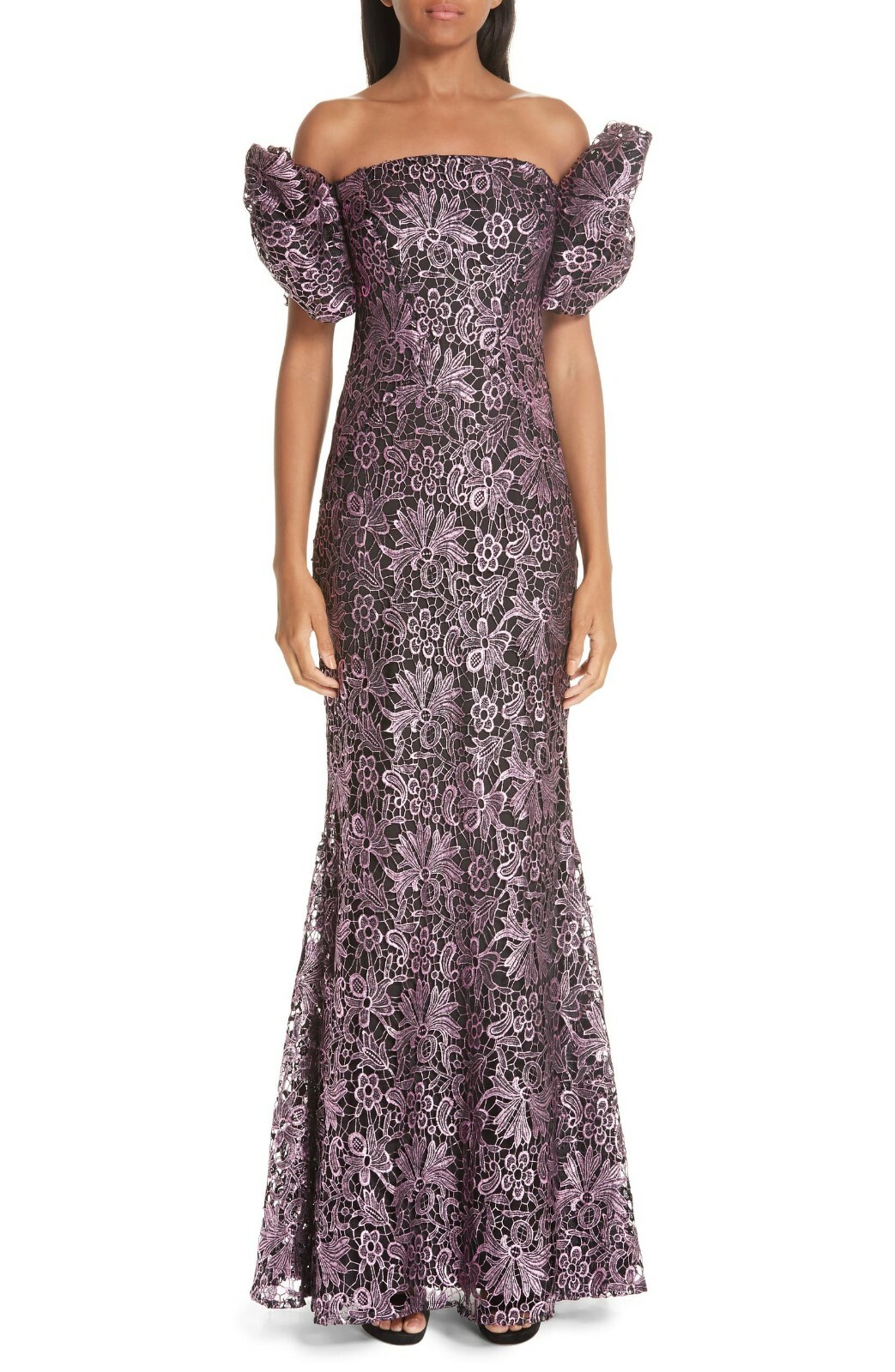 ZAC POSEN Pink Metallic Embroidered Guipure Lace Off Shoulder Bow Maxi Gown 6 S