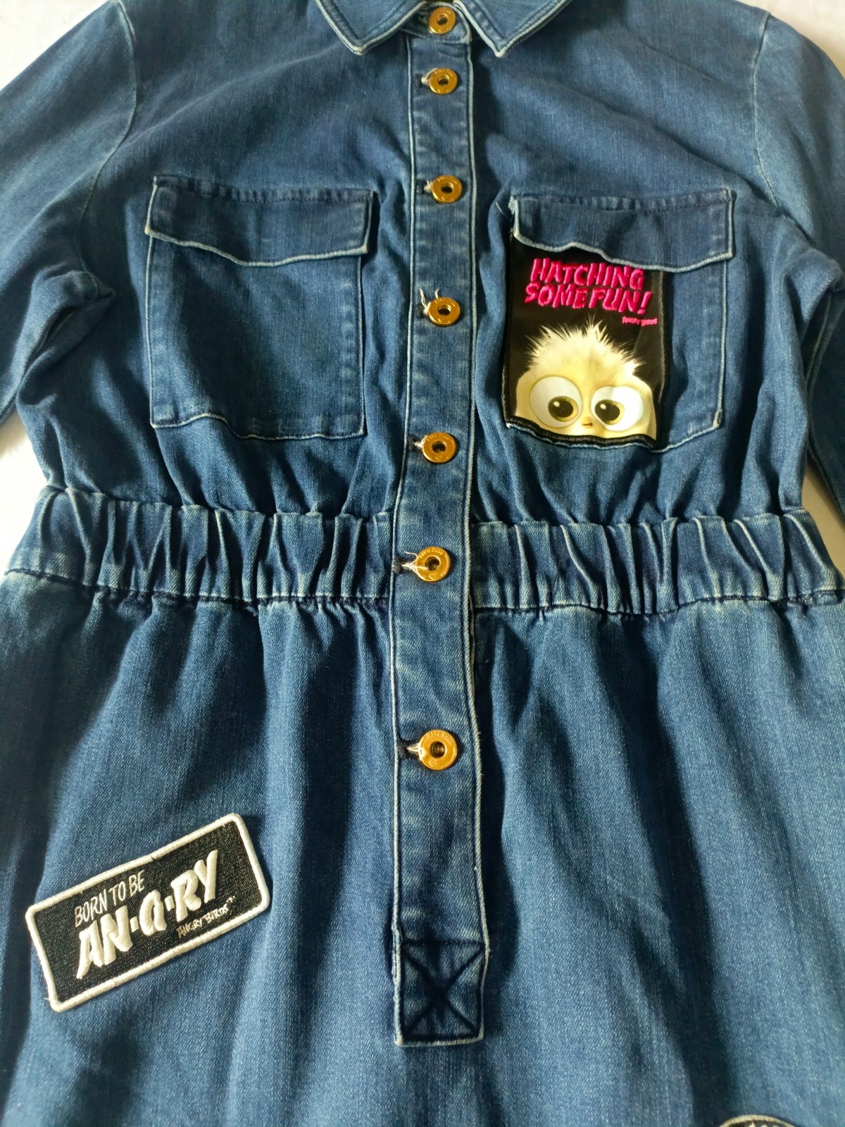 Five Plus Angry Birds Jeans Dress Denim Button Front Midi Utility Dress Size
