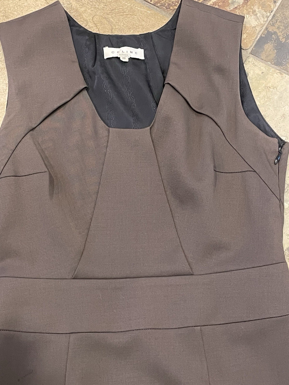 Celine Couture Solid A-Line Scoop Neck Sleeveless Knee Length Dress in Brown 38