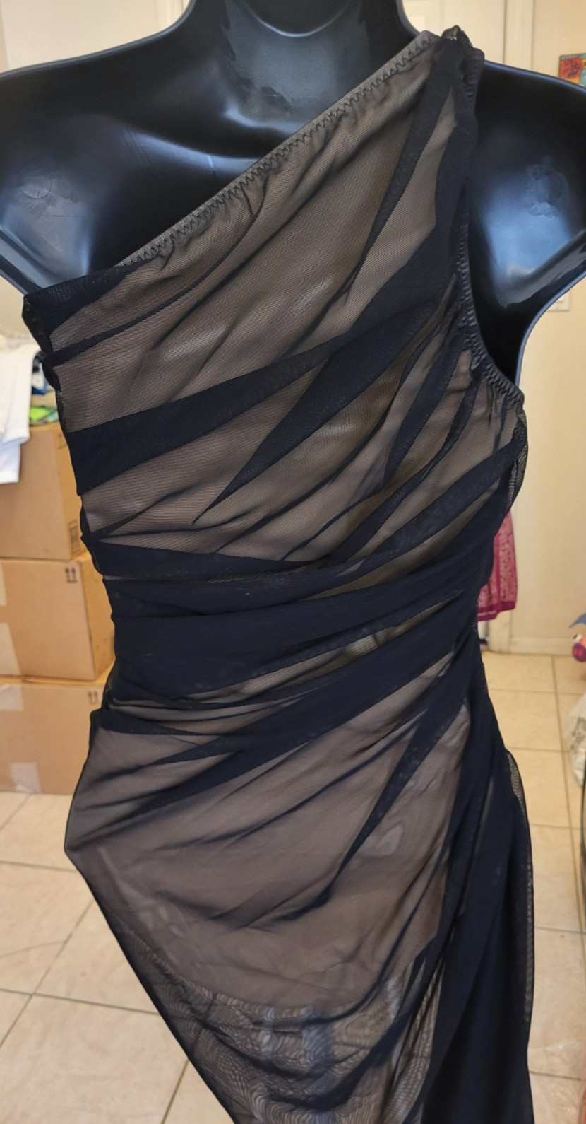 Norma Kamali Diana Black Mesh Bodysuit One Shoulder Asymmetrical Dress Size XS