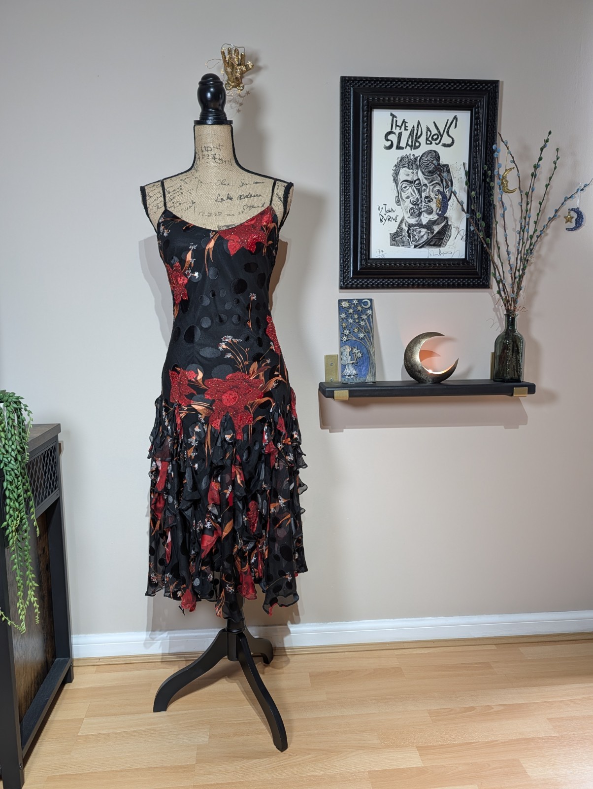 90s Y2K Yve 100% Silk Beaded Devore Slip Dress Size Medium Whimsigoth