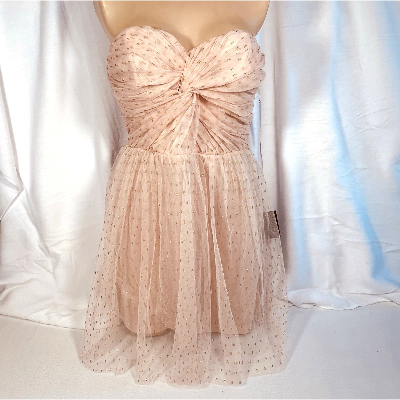 Lulus Strapless Mini Dress Womens Large Pink Gold Metallic Polka Dot Tulle New