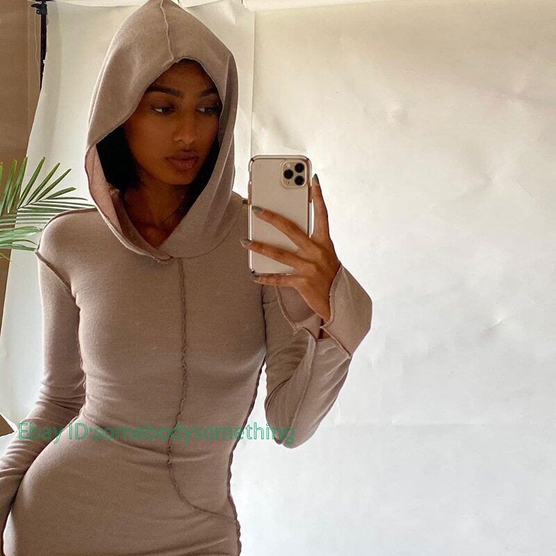 Long Sleeve Hooded Patchwork Skinny Maxi Dress Autumn Winter Women Fashion