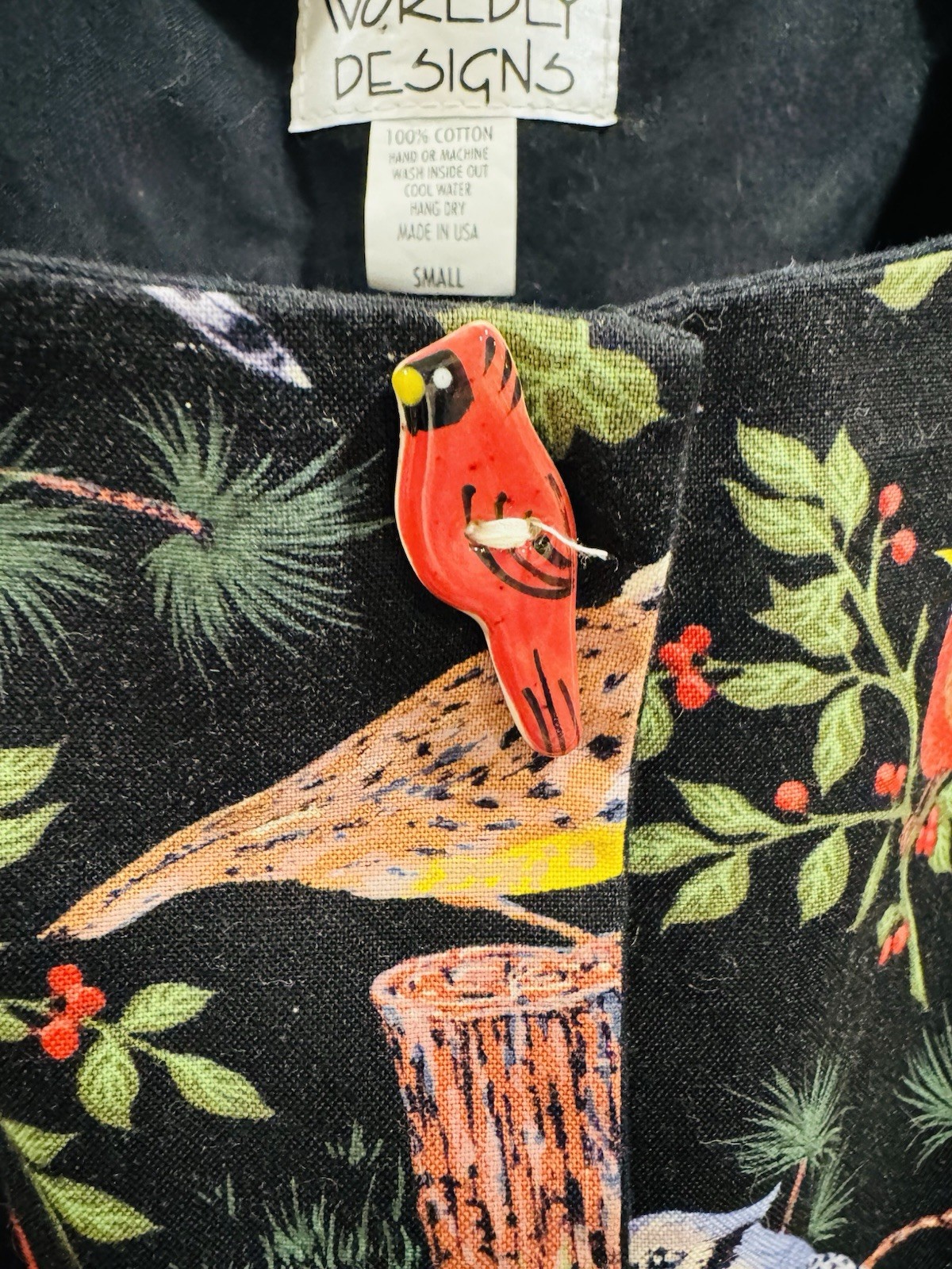 Worldly Designs Bird Print Cotton Midi Dress Small Made USA Hand Painted Buttons