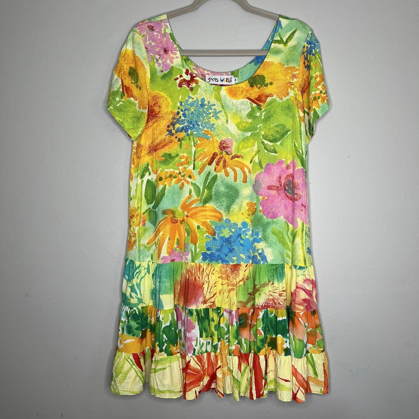 Jams World Dress Womens M Floral Rayon Tiered Ruffle Short Sleeve Summer Garden