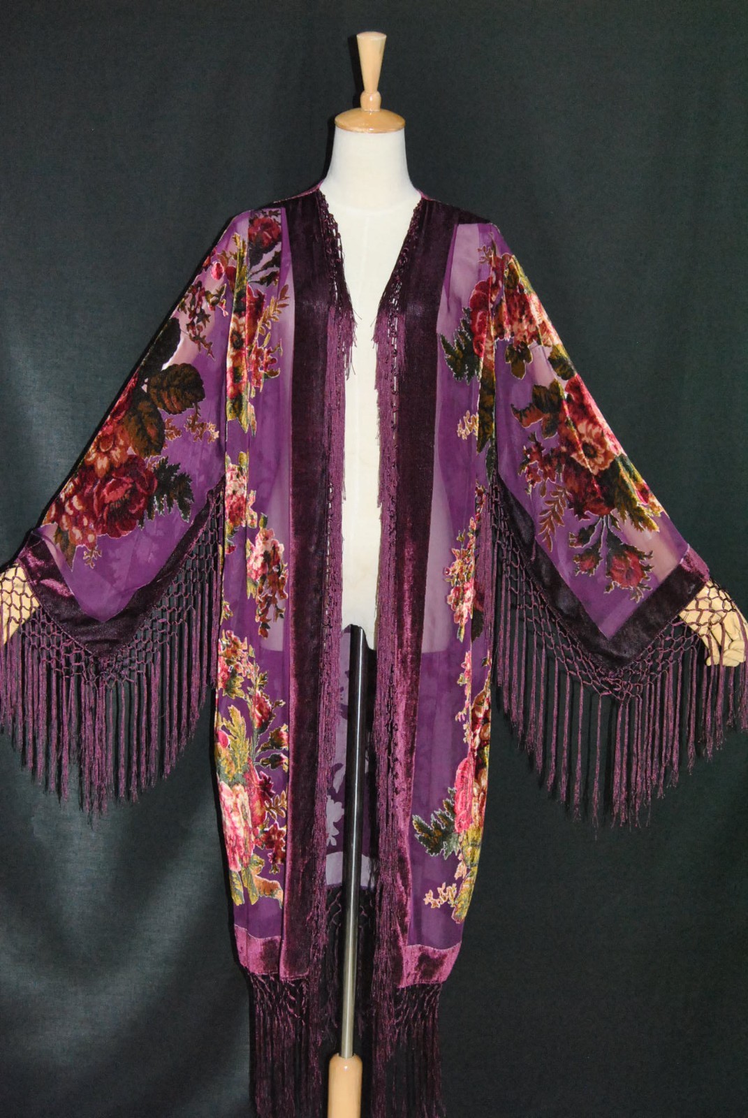 Art to Classic Eastern Flower Burnout Velvet Fringe Jacket Coat Kimono Duster