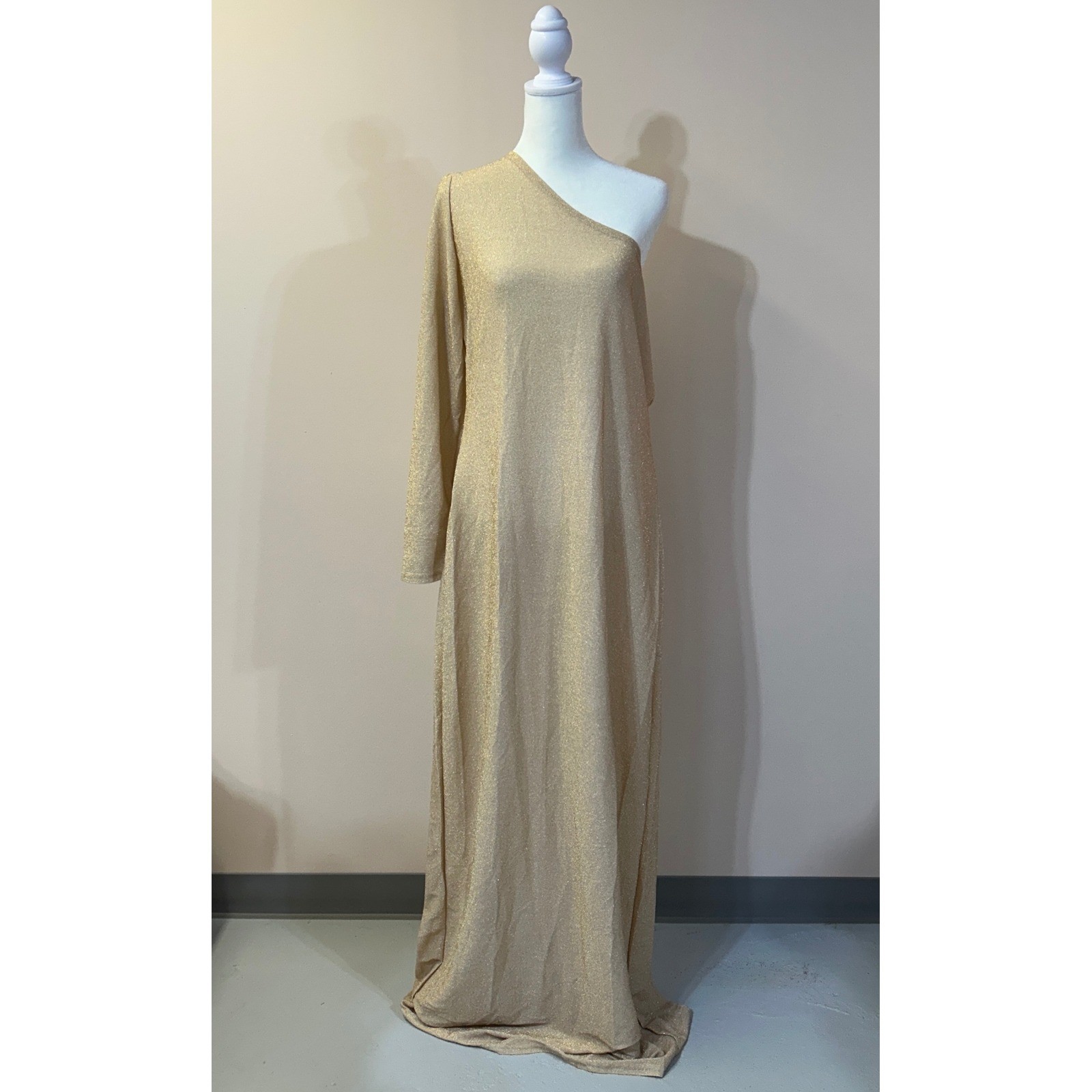 Gold Metallic One Shoulder Maxi Dress Side Slit Shimmer Gown XL Formal Gala Prom