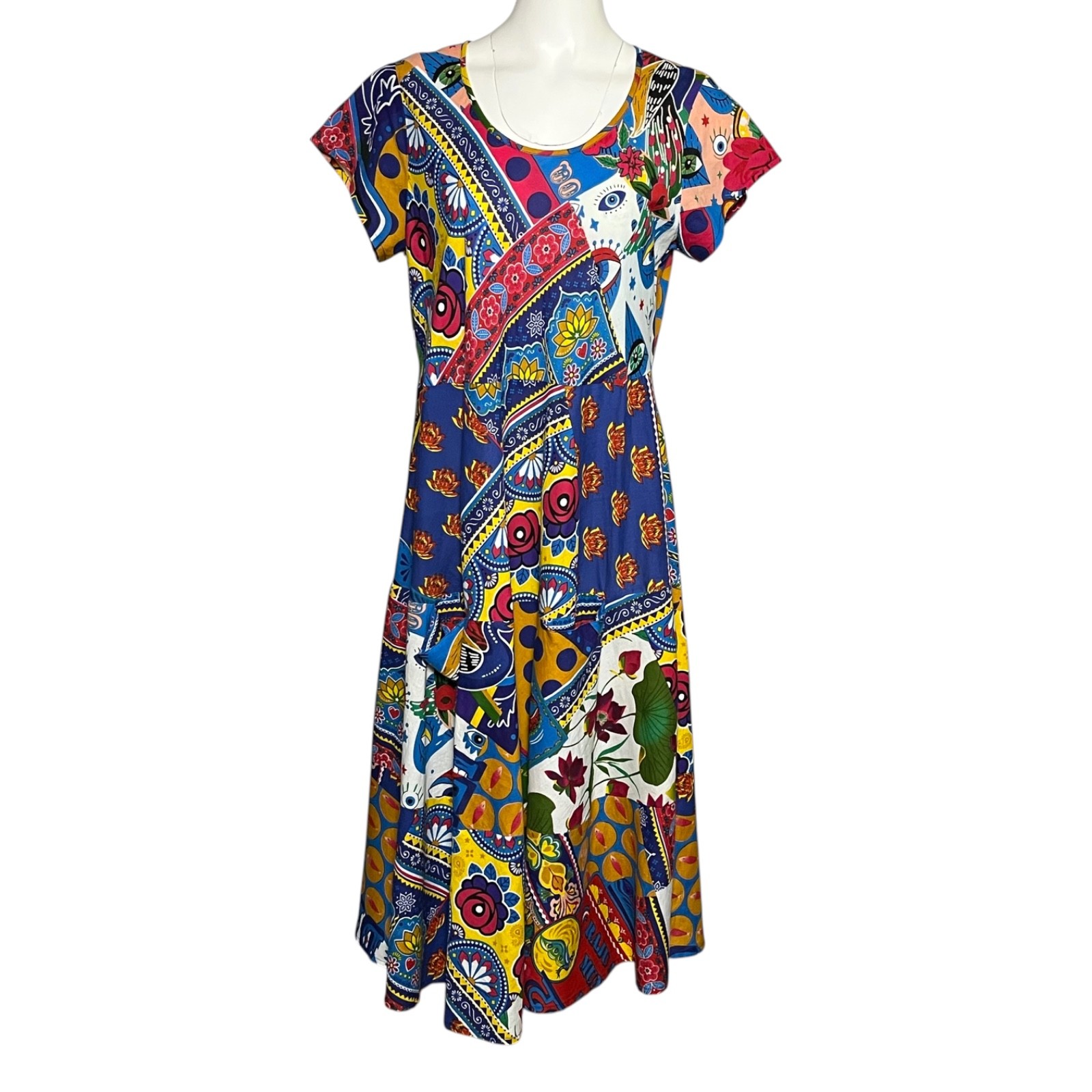 Orientique Amritsar Organic Cotton Patchwork Midi Dress Art Print Size Small