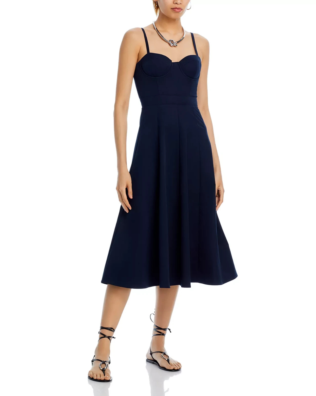 AQUA Bustier Midi Dress Women’s XS Navy Solid Sweetheart Neck Back Zip Closure