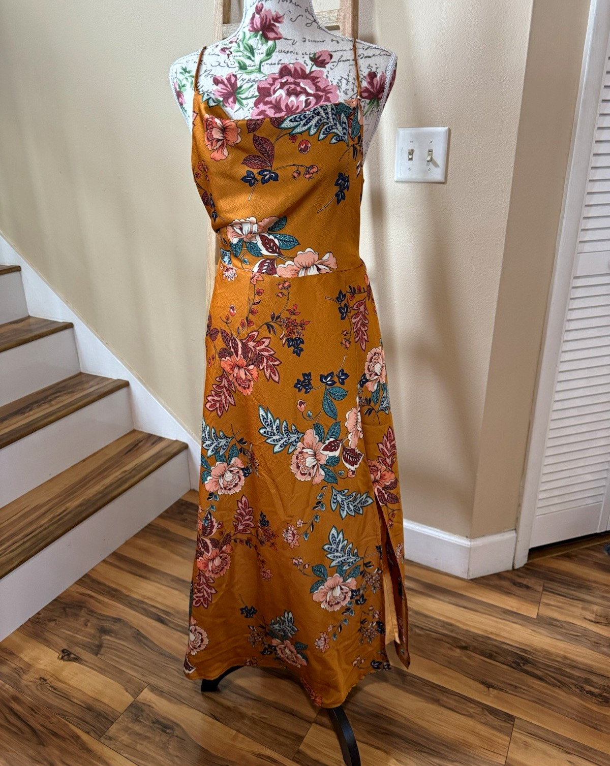 Selfie Leslie Floral Satin Slip Maxi Dress Cowl Neck Side Slit Brown 10