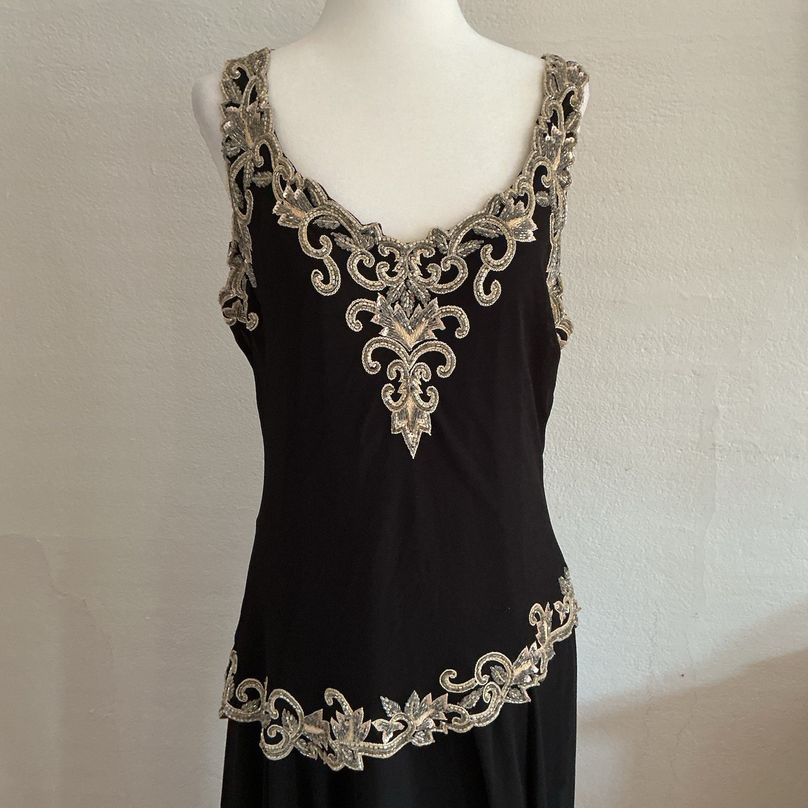 J KARA Jkara Dress Black Chiffon Evening Formal Gown Beaded India Boho Maxi 12