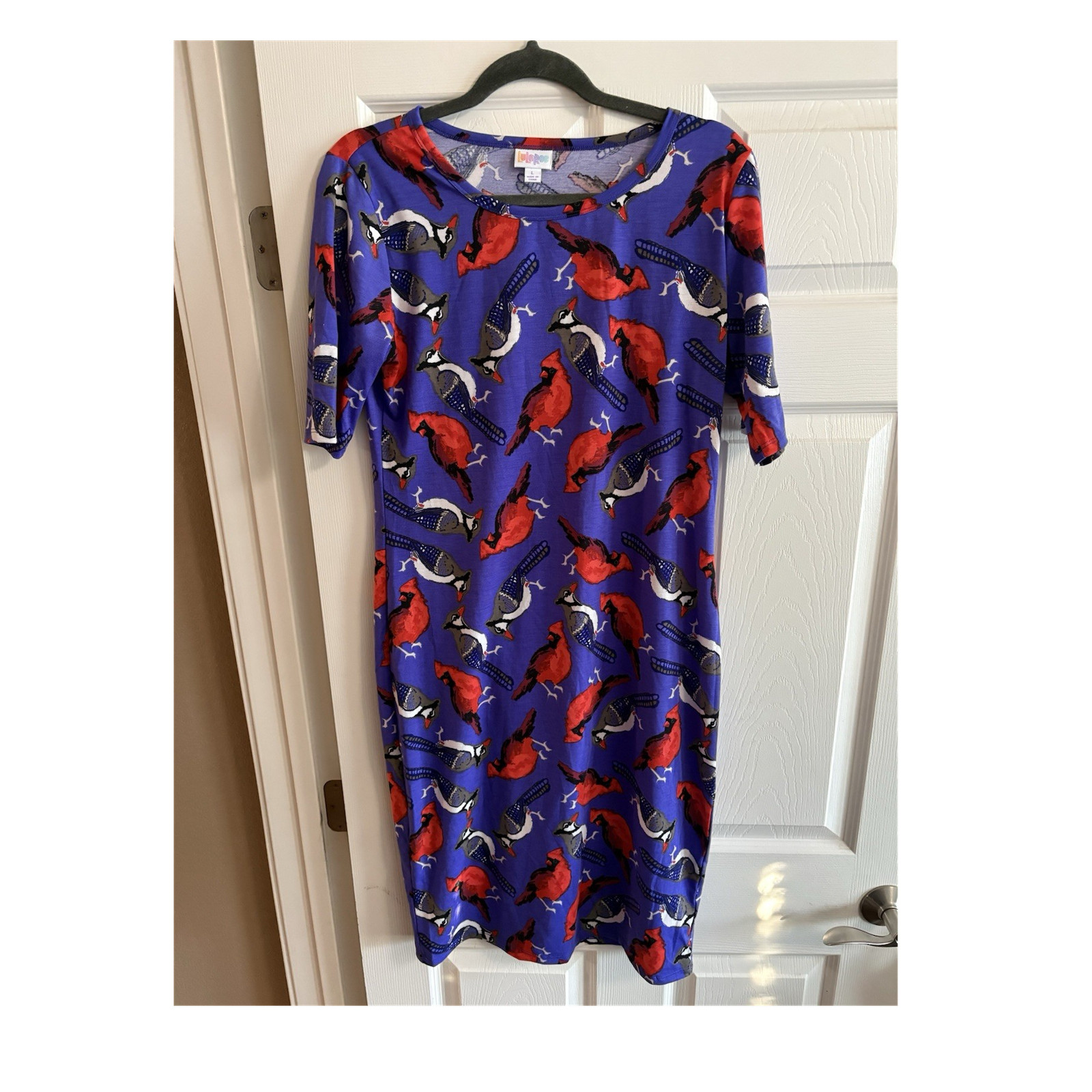 LuLaRoe T-Shirt Dress mini birds novelty print comfy Scoop Neck Short Sleeve L