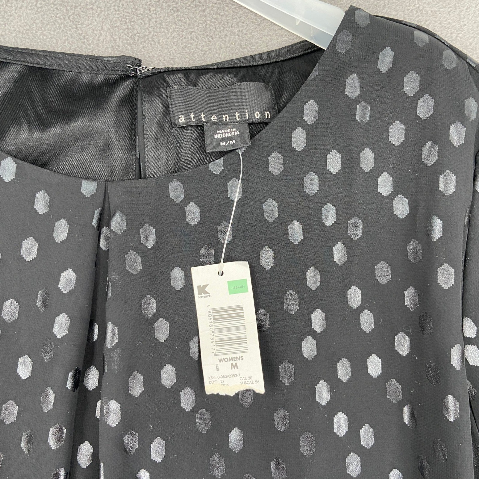 Attention Womens Black Polka Dot Shift Dress 3/4 Sleeve Pleated Front Sz Medium