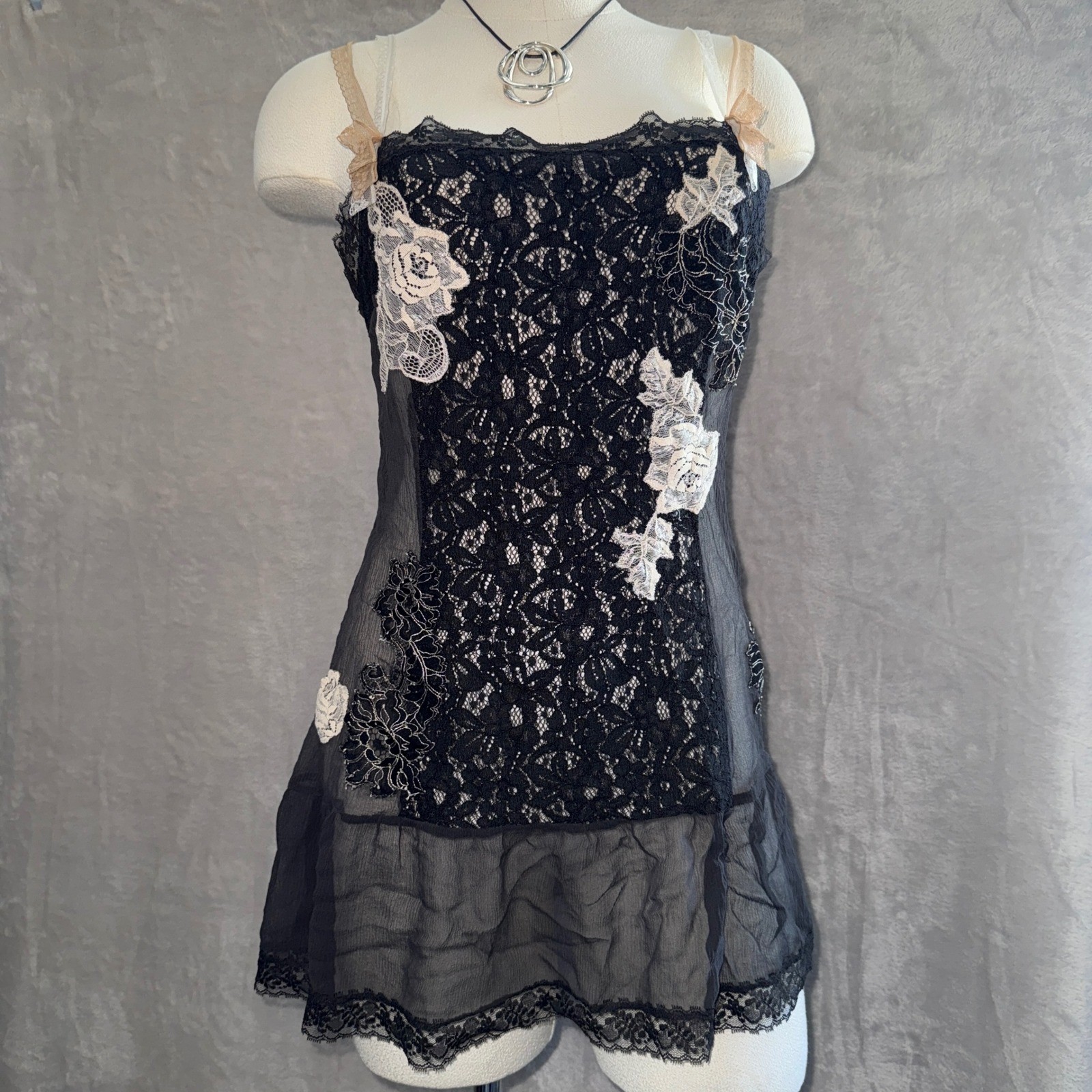 Y2k VTG Victoria’s Secret Sheer Black Floral Lace Silk Slip Dress M grunge fairy