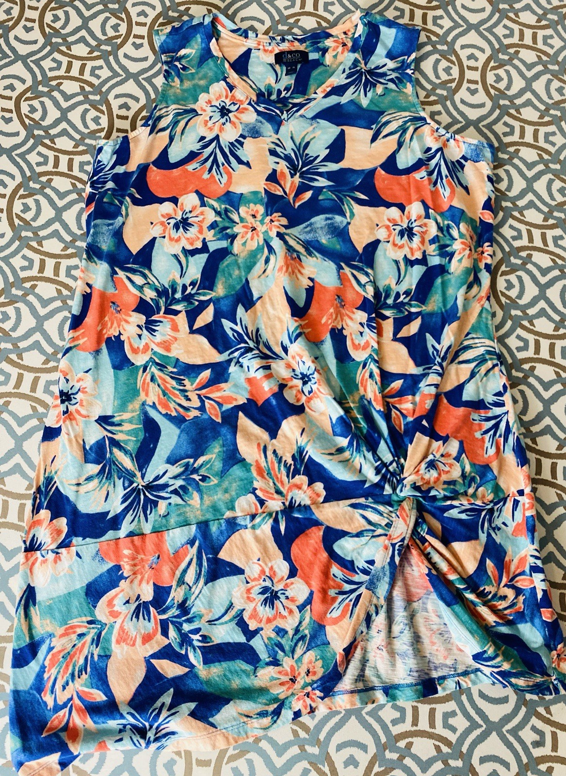d&co. BEACH Women’s XL Blue Tropical Floral V-Neck Twist Sleeveless Shift Dress